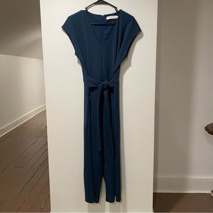 Bishop + Young V Neck Striped Flare Leg Tie Waist Jumpsuit Blue Womens S